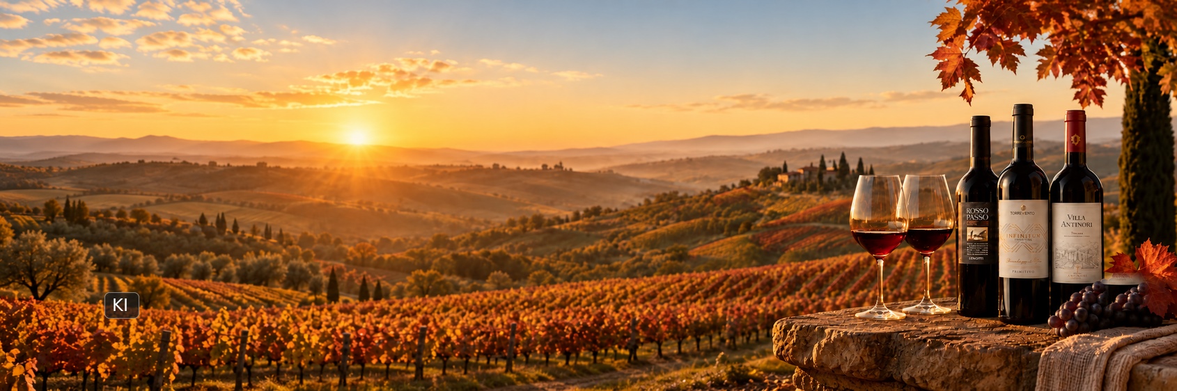 Herbstliche Weinlandschaft bei Sonnenuntergang mit Weinbergen, Rotwein und Weinflaschen