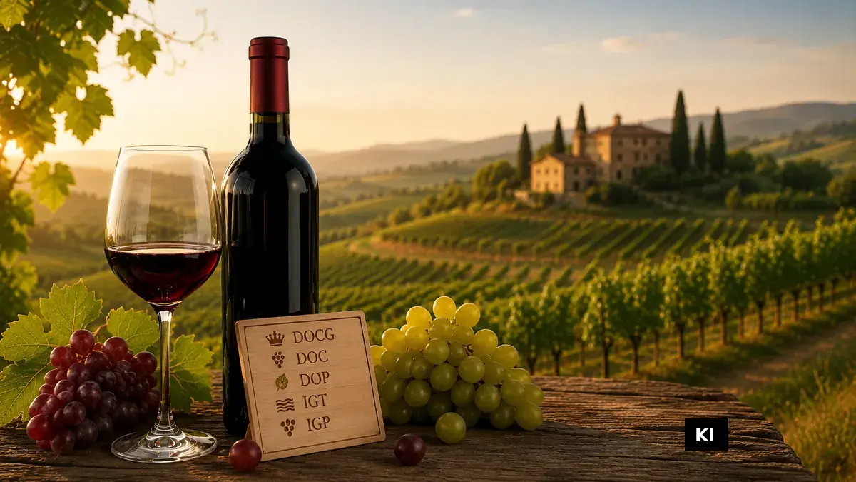 Weinflasche, Rotweinglas und Trauben vor einem italienischen Weinberg mit den Weinbezeichnungen DOCG, DOC, DOP, IGT und IGP – KI-generiert