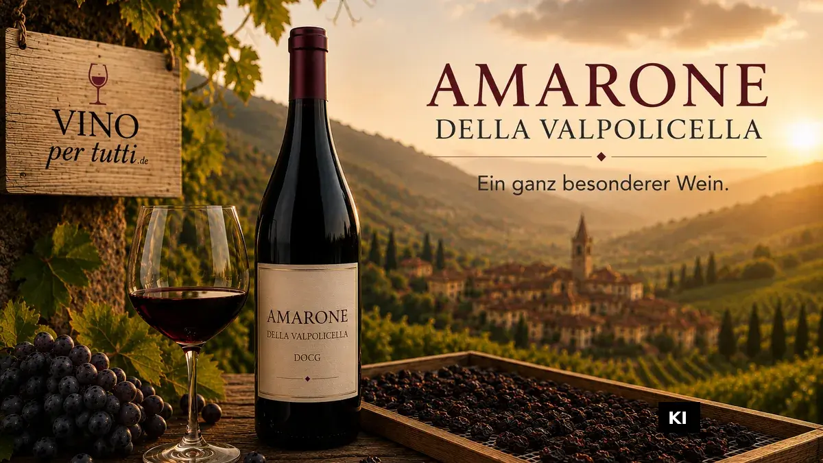 Amarone-Flasche, Rotweinglas, Trauben und getrocknete Trauben vor Weinbergen im Abendlicht – KI-generiert